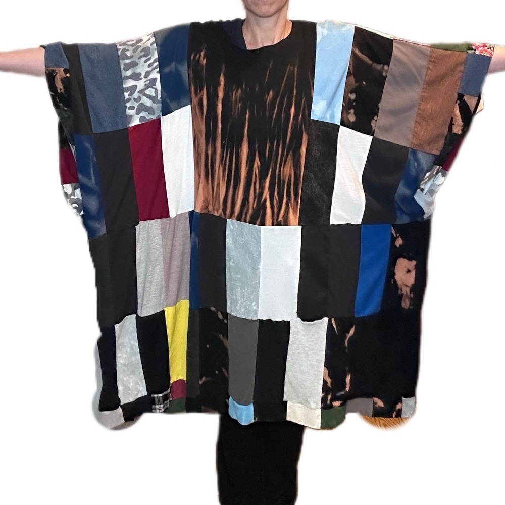 Patchwork bleached tunic dress handmade upcycle one size raw hem neckline